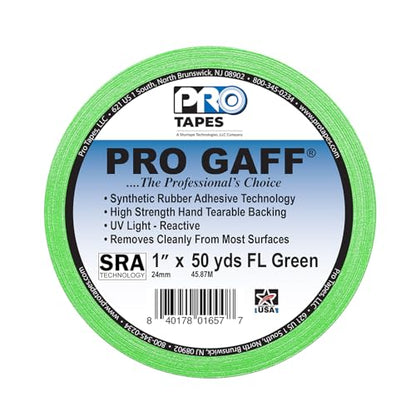 ProTapes Pro Gaff Premium Matte Cloth Gaffer's Tape with Rubber Adhesive, 50 yds Length x 1" Width, Fluorescent Green (Pack of 1) - size: 1" x 50 yds (Pack of 1), style: Functional (Fluorescent)