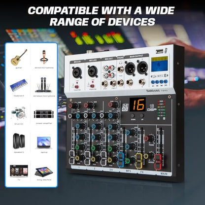 4 Channel Audio Mixer, 16 DSP Effects, 48V Phantom Power F4PRO | Bluetooth & USB connect, 3-band EQ, Real-time Monitoring, for Recording, Podcasting, Live Streaming, and DJ Use.