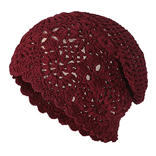 ZLYC Women Cotton Crochet Slouchy Beanie Hat Handmade Knit Summer Skull Cap | Lightweight breathable,boho casual chic look,travel photos festival party,café commute daily wear,beach concert gathering - color: Burgundy Red
