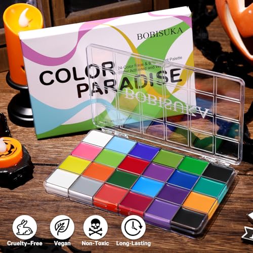 BOBISUKA 24 Colors Water Activated Face Body Paint Palette, Highly Pigmented Washable Face Painting Kit for Halloween Cosplay SFX Festival Party, Body Art Paints for Adults