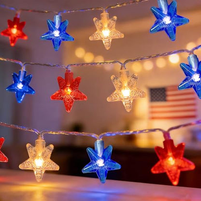 Red White Blue Patriotic String Lights 20FT 40 LED Star Fairy Lights USB and Battery Operated 2 Lighting Modes IP42 Waterproof Indoor Outdoor All Season Americana Decor for Bedroom Desk Patio Camping - style: 4th of July Lights