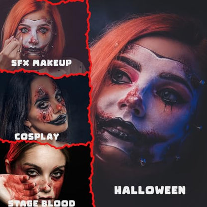 Bowitzki Halloween Makeup Set Special Effects Kit Cream Face Paint Water Based Liquid Latex Fake Blood Brush Sponges Body Painting SFX Zombie Vampire Monster Christmas Party (With Scar Wax)
