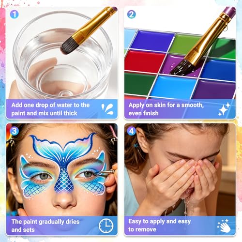 BOBISUKA 24 Colors Water Activated Face Body Paint Palette, Highly Pigmented Washable Face Painting Kit for Halloween Cosplay SFX Festival Party, Body Art Paints for Adults