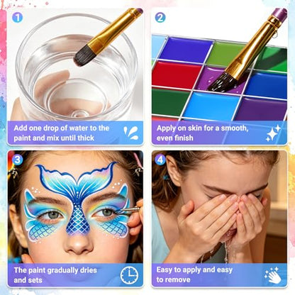 BOBISUKA 24 Colors Water Activated Face Body Paint Palette, Highly Pigmented Washable Face Painting Kit for Halloween Cosplay SFX Festival Party, Body Art Paints for Adults