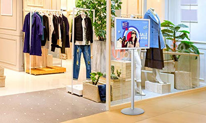 M&T Displays Sign Holder Stand, Silver 18x24 Inch Poster Frame Double Sided Slide-In Aluminum Easy Loading Floor Standing Pedestal Advertisement Post Commercial Menu Holder Round Heavyweight Base - color: Silver