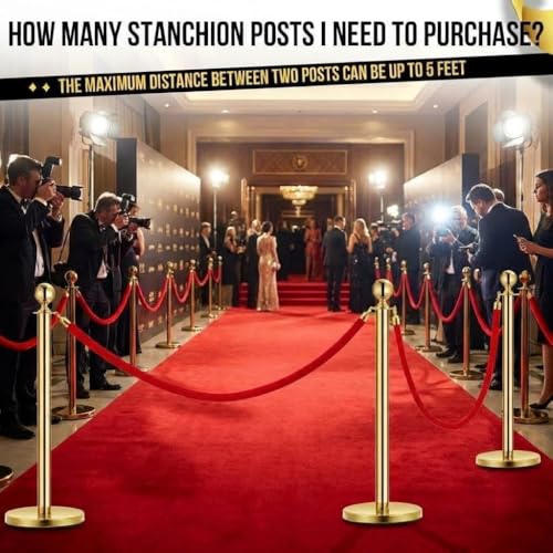 Crowd Control Barriers, Gold Stanchions 2 Pcs and 1 Flannel Carpet Ropes, Stainless Steel Red Carpet Poles and Ropes Set for Wedding Party Red Carpet & Hotel Events