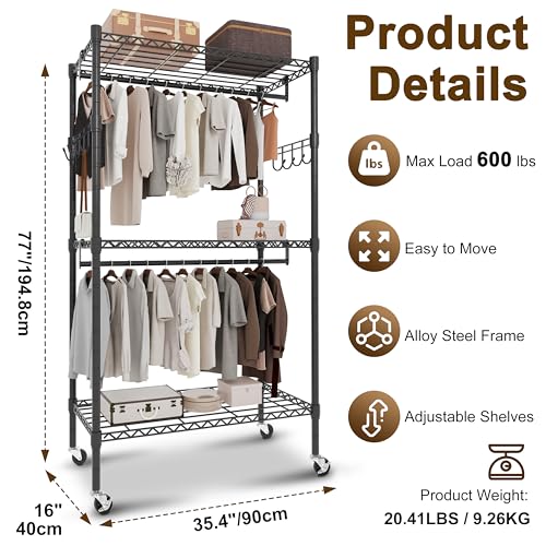 Whitmor 3 Tier Rolling Garment Rack, Heavy Duty Adjustable Metal Clothing Rack with Side Hooks, Double Rods & 360° Lockable Wheels, Max 600LBS for Hanging Clothes, 35.4" L x 16" W x 77" H, Black