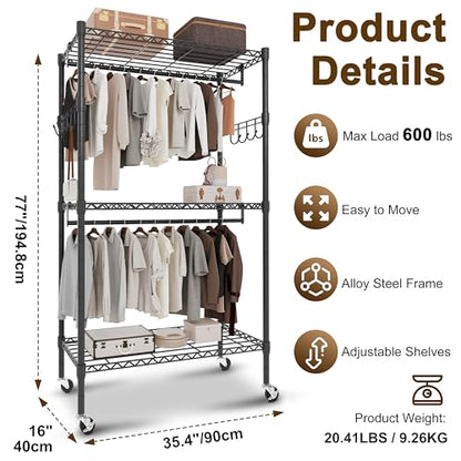 Whitmor 3 Tier Rolling Garment Rack, Heavy Duty Adjustable Metal Clothing Rack with Side Hooks, Double Rods & 360° Lockable Wheels, Max 600LBS for Hanging Clothes, 35.4" L x 16" W x 77" H, Black