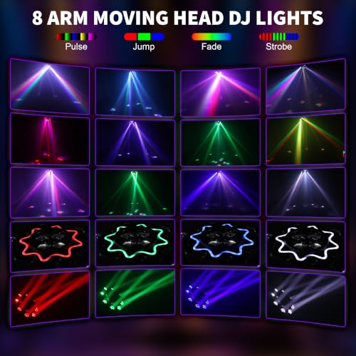 8 Arm Moving Head DJ Lights -200W RGBW LED Party Lights with RG Starlight,6 Strobe Lights, 540° Pan 180° Tilt, DMX512 & Sound Activated Auto Mode - DJ Lights for Parties, KTV, Wedding, Club