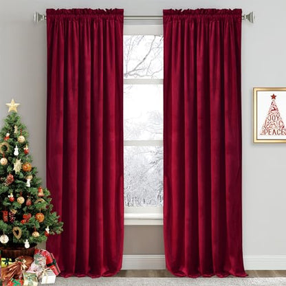 RYB HOME Extra Long Velvet Curtains 108 inches Long, High Ceiling Curtains | Thermal Insulated, Room Darkening, Privacy UV Protection, Loft Apartment Living Room, Ruby Red, W52 x L108, 2 Panels - color: Ruby Red, size: 52"W x 108"L (Pack of 2)