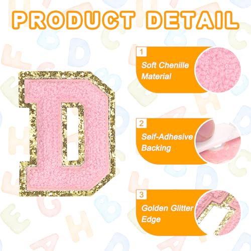 MECCANIXITY Chenille Letter Patches 2.2" Self Adhesive Alphabet D Stick on Embroidered Patch Sew on Letter Stickers Applique for Repairing Clothing Jeans Shoes Hats DIY(Pink, Pack of 6) - style: Letter-D