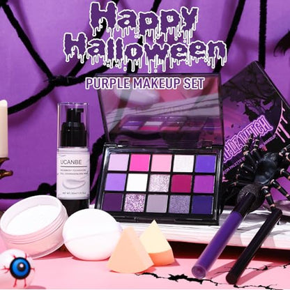 UCANBE Halloween Makeup Kit – 15-Color Purple Eyeshadow Palette, White Liquid Foundation, Purple Liquid Lipstick, Black Eyeliner, Setting Powder & Sponges Makeup Set for Cosplay Witch Devil Sorceress - color: Purple Makeup Kit