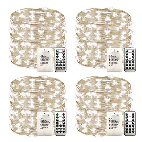 WSgift Christmas 4 Pack 33Ft 100 Cool White Led Fairy Lights Battery Operated with Remote Control Timer Waterproof Silver Copper Wire Twinkle Lights - color: 4 pack 33 Ft 100 LED Cool white