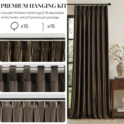 Brown Velvet Pinch Pleated Curtains: 84 Inches Long 2 Panels Set Luxury Living Room Darkening Thermal Insulated Drape with Hooks- Elegant Soundproof Noise Reducing Back Tab Window Curtain for Bedroom - color: Pinch Pleated | Brown, size: 40"W x 84"L (Pack