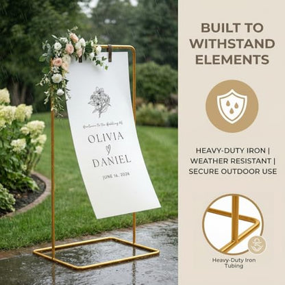 Wedding Welcome Sign Stand Fabric Banner Stand With Design Bundle Rose Vine | Linen Sign Holder Easel Stand for Sign Poster, Bridal Baby Shower Party With Stand Adjustable Welcome to Our Wedding, Gold - color: Gold