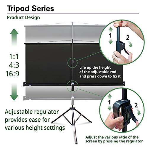 Elite Screens Tripod, 120-Inch 4:3 Portable Projector Screen with Stand– MaxWhite 2, 1.1 Gain, Adjustable Indoor Outdoor Pull Up Projection Screen for Home Theater, Office & Classroom, T120UWV1, Black - size: 120-inch/ 4:3