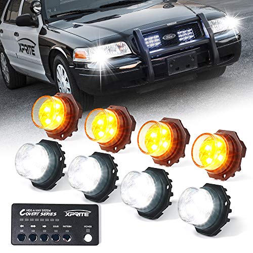 Xprite White Amber LED Hideaway Strobe Lights Kit, 20 Flash Modes w/Control Panel Headlights Taillights Fog Light Interior Mounting for Construction Towing Snow Plow Pickup Work Trucks Cars 8 PCS - color: White Amber, size: 8 pcs
