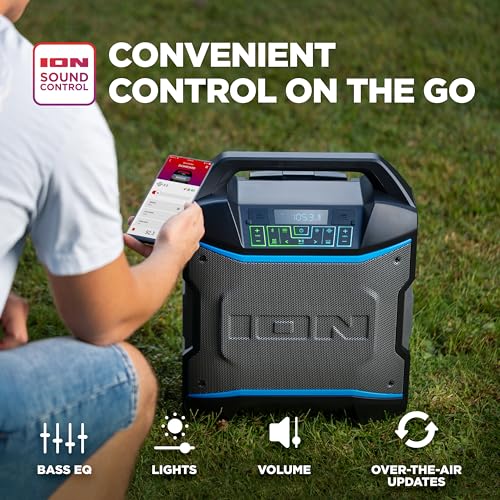 ION Block Rocker 120W Bluetooth Outdoor Speaker with Wheels | Water Resistant, Radio, Karaoke Mic, USB Charging, Stereo Linking, Bass Boost and App Control, for Parties and Outdoor Events - style: 120W water-resistant