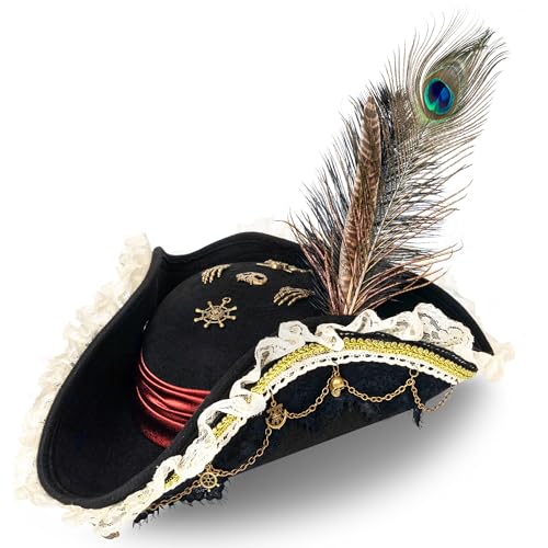 Pirate Costume Hat Women,Pirate Accessories Steampunk Costume for Woman,Renaissance Costume Hat with Feather Lace for Halloween,Cosplay Steampunk Party