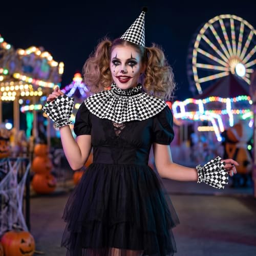 Clown Neck Ruffle Collar Cuffs Hat Set Detachable Halloween Clown Costume Accessories for Women - color: Black White Plaid