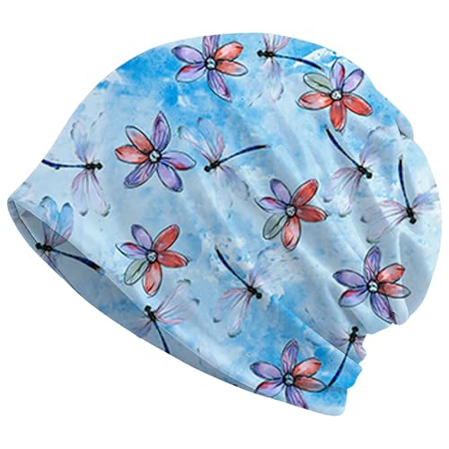 Art Owl Women's Slouchy Beanie Hat Cute Turban Hats Cancer Headwear Caps Baggy Skull Sleep Scarf - color: Blue Watercolor Dragonfly