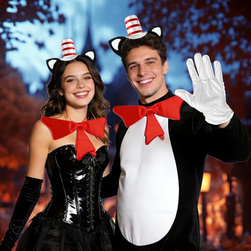 GJD Book Character Costume Accessories Set, Cat Ears Headband with Red and White Stovepipe Hat, Red Bow Tie, White Gloves for Dress Up, Halloween, Cosplay
