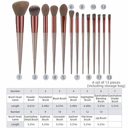 Makeup Brush Set, 13 Piece Professional Cosmetic Brushes with Pouch, Synthetic Bristles, Hypoallergenic for Face and Eye Application, Face & Eye Brush Set for Beginners to Pros (Brown) - color: Brown