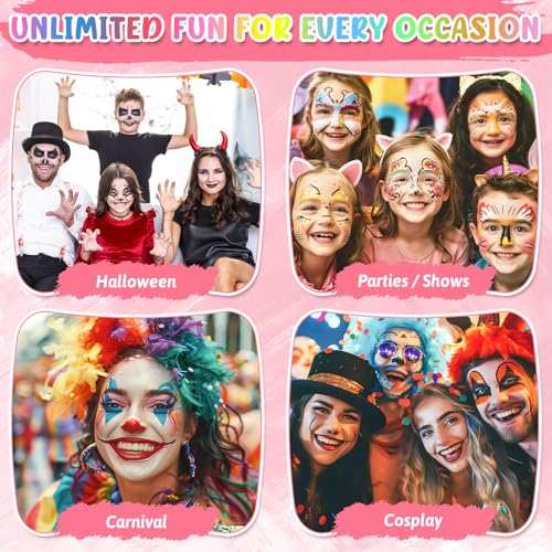 Professional Face Painting Kit, 26 Colors Oil Palette Face Paint with 6 Stencils, 41 Stencil Stickers, 10 Brushes, 9 Body Glitter, 2 Sheets Adhesive Gems, Rainbow Facepaint for Party & Halloween