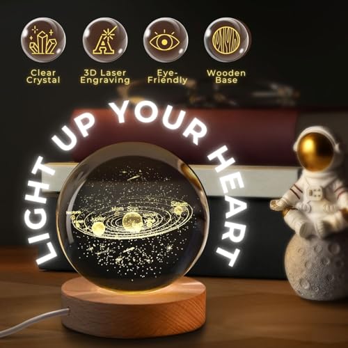 Flexzion 3D Solar System Crystal Ball Night Light - LED Light Hologram Glass Lamp with Solid Wood Base, USB Powered Crystal Ball Lamp w/Adjustable Brightness for Home Decor Display Gift,2.4inch(60mm) | Solar System Lamp with Solid Beech Wood Base and Adju