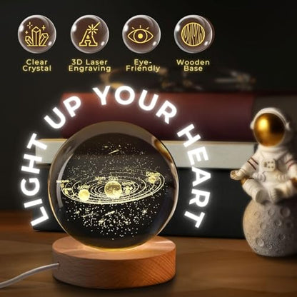 Flexzion 3D Solar System Crystal Ball Night Light - LED Light Hologram Glass Lamp with Solid Wood Base, USB Powered Crystal Ball Lamp w/Adjustable Brightness for Home Decor Display Gift,2.4inch(60mm) | Solar System Lamp with Solid Beech Wood Base and Adju