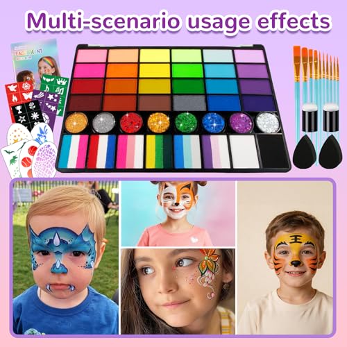 Face Painting Kit for kids, 52 Colors Professional Face Paint Makeup Kit Non-Toxic Water Activated Facepaint Palette, glitter gel, brushes, sponges, stencils for party Halloween School Event Festivals