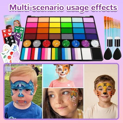 Face Painting Kit for kids, 52 Colors Professional Face Paint Makeup Kit Non-Toxic Water Activated Facepaint Palette, glitter gel, brushes, sponges, stencils for party Halloween School Event Festivals