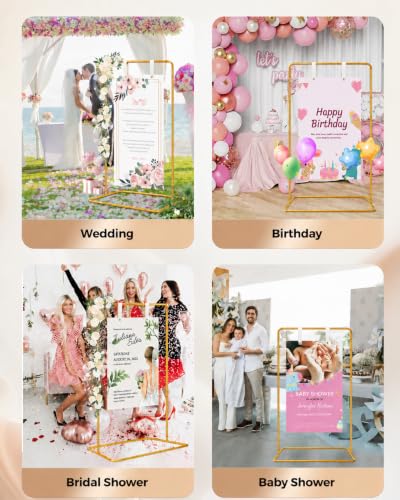 Wedding Sign Holder - Adjustable Welcome to Our Wedding Sign Stand Stand with 39 Premium Templates & Leather Straps, 64"x 30"x 20" Heavy Duty Easel Stand for Sign Display Poster, Wedding, Birthday - color: Gold