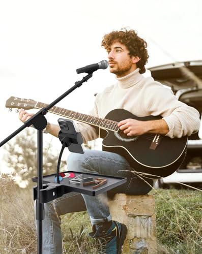 Mic Stand Tray 10.6" x 7.8" Large with Crab Clamp for Mixers & Gear | Sturdy ABS, Firm Grip, Easy ON/OFF, 5.5 lbs Capacity, Clamps on Microphone, Music, Drum Stands & Tripod, for Studio, Podcast - style: Tray with Phone Holder