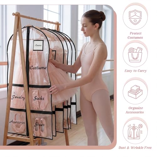 Nuenen 3 Pack Dance Garment Bags for Costumes Clear Dance Recital Organizer with Pockets & Labels, 40 Inch PVC Hanging Costume Bag for Competition Travel, Garment Bag with Compartments(Black) - color: Black