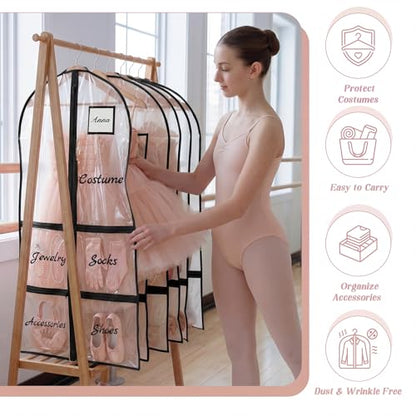 Nuenen 3 Pack Dance Garment Bags for Costumes Clear Dance Recital Organizer with Pockets & Labels, 40 Inch PVC Hanging Costume Bag for Competition Travel, Garment Bag with Compartments(Black) - color: Black