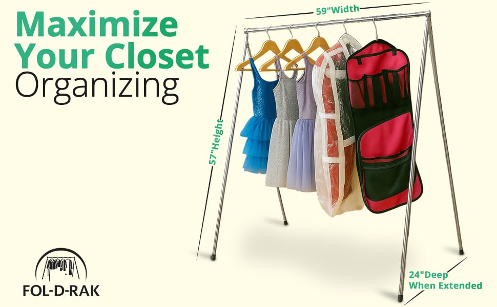 FOL-D-RAK Portable Clothing Rack, Folding Garment Rack with Carry Bag-no Assembly, lightweight 4 LB. Aluminum, 60 LB. Capacity-Travel, Closet, Retail, Trade Show, Dance Recital