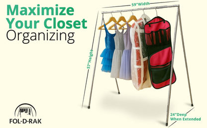 FOL-D-RAK Portable Clothing Rack, Folding Garment Rack with Carry Bag-no Assembly, lightweight 4 LB. Aluminum, 60 LB. Capacity-Travel, Closet, Retail, Trade Show, Dance Recital