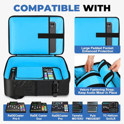 Audio Mixer Travel Case for Yamaha MG10XU,RODECaster Pro II,RODECaster Pro,RC Duo,TC-Helicon GoXLR,Podcast DJ Mixer Bag Backpack with Multi-Pockets for Microphones,Cables,Podcast Equipment