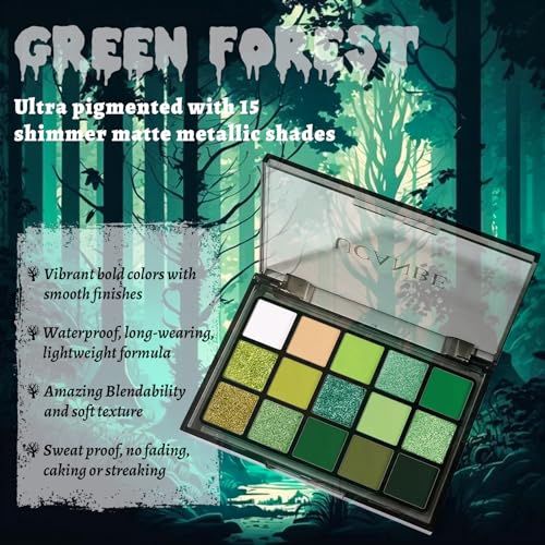UCANBE Halloween Makeup Kit – 15-Color Green Eyeshadow Palette, White Liquid Foundation, Black Liquid Lipstick & Eyeliner, Setting Powder & Sponges Makeup Set for SFX Cosplay Costume Witch Monster - color: Green Makeup Kit