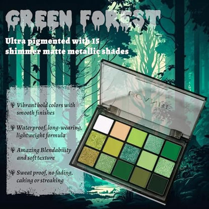 UCANBE Halloween Makeup Kit – 15-Color Green Eyeshadow Palette, White Liquid Foundation, Black Liquid Lipstick & Eyeliner, Setting Powder & Sponges Makeup Set for SFX Cosplay Costume Witch Monster - color: Green Makeup Kit