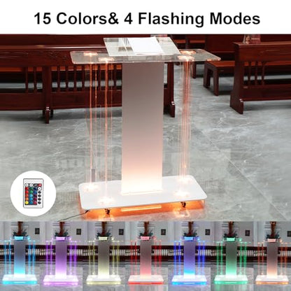 Acrylic Church Pilpits with Wheels, 46'' Church Podium with 15 Colors RGB LED Lights,Podium Stand Lecterns Pulpits for Church, Wedding, Concert Speech, Classroom (40”L*17.7”W *46.6”H) - size: 40”L*17.7”W *46.6”H