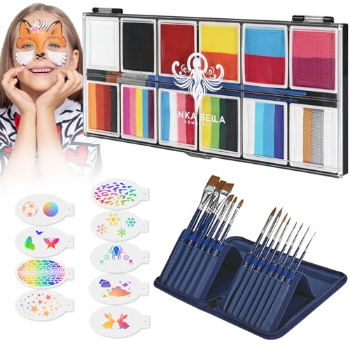 Anka Bella Professional Face Painting Kit,12X10gm Water Based Cake Face Paint with Stencil & Brushes,Hypoallergenic Safe & Non-Toxic,Gift for Birthday Parties/Halloween/Christmas - color: Rainbow Splicing set