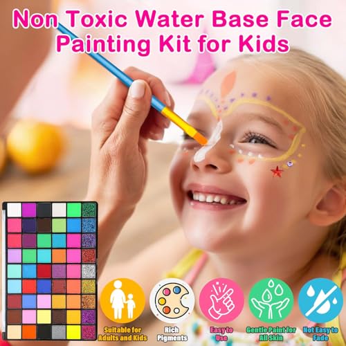 Professional Face Painting Kit for Kids and Adults – 54 Color Water Activated Cosplay Makeup Kit, Non-Toxic Body Paint with Stencils, Gems, Brushes– for Halloween FX, Bday Parties, School Event