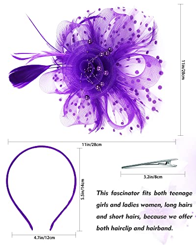 Fascinator Tea Party Hat Women 20s 50s Wedding Cocktail Flower Mesh Feathers Hair Clip for Carnival Halloween - color: A-purple