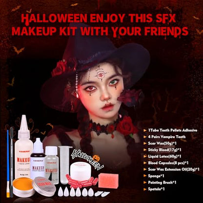 VANERIA Halloween Vampire Makeup Sfx Kit,Liquid Latex+Scar Wax+Fake Blood Capsules+Vampire Fangs+Scar Oil+Painting Brushe+Spatula+Stipple Sponge,Special Effects Makeup Kit Professional