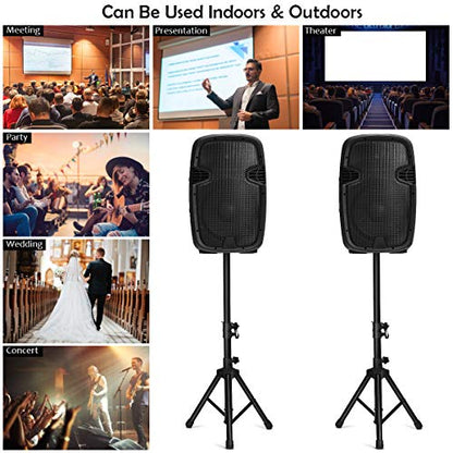 GOFLAME 2000W 2-Way Powered Speakers, 12" Portable Dual Speakers PA System with TWS Bluetooth, USB SD Card, AUX MP3 FM Radio, Microphone, 2 Tripod Stands, Remote Control and Cables