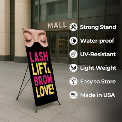 DreamController Lashes & Brows X-Stand Banner by DC | 30"x65" Tripod Display | Lash Lift Brow Love Vertical Banner for Trade Shows & Events | Made in USA | (Stand Not Included) - color: Lash Lift Brow Love, size: X Banner - 30x65"