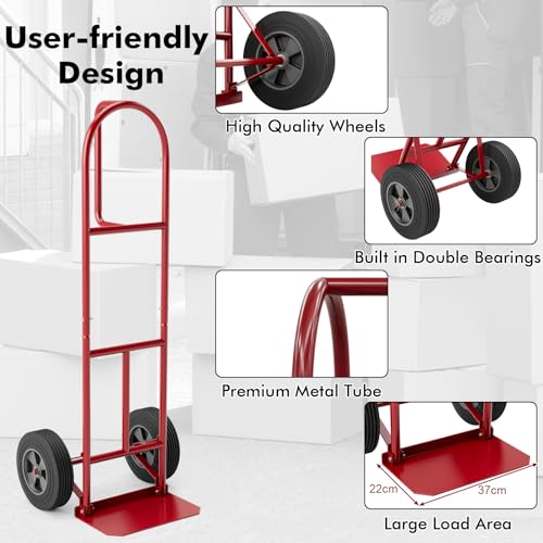 Goplus Hand Truck, P-Handle Hand Truck Dolly with Vertical Loop Handle, 10” Wheels, 15” x 9” Foldable Nose Plate, 660 LBS Capacity, Heavy Duty Metal Dolly Cart for Lifting, Moving, Delivery, Stairs - style: Round Handle-Red