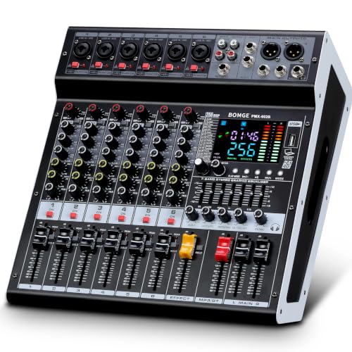 BOMGE Powr Mixers Audio, 6Channel Power Sound Mixer Amplifier 2 * 400W Dj Mixer Board withUSB, 6 X Mic Pres, +48V, Bluetooth, 256 Kinds of DSP for Speakers,concert party, karaoke studio